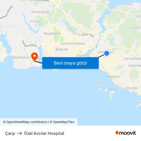 Çarşı to Özel Avcılar Hospital map