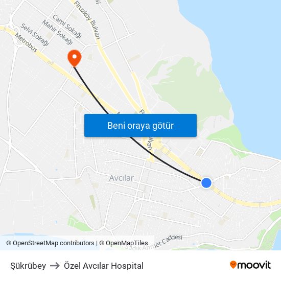 Şükrübey to Özel Avcılar Hospital map
