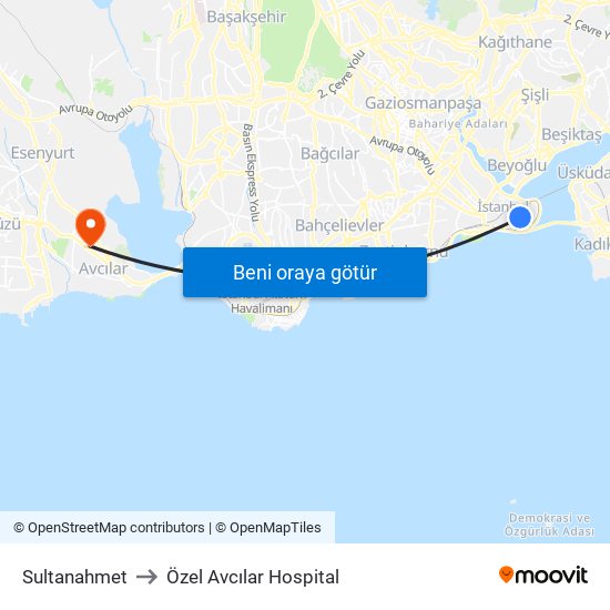 Sultanahmet to Özel Avcılar Hospital map