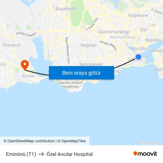 Eminönü (T1) to Özel Avcılar Hospital map