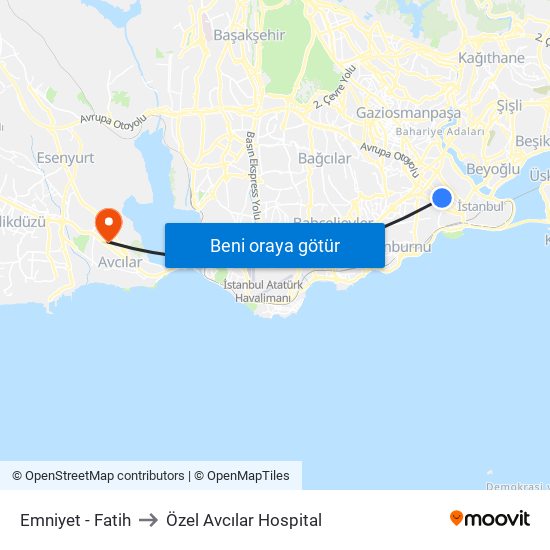 Emniyet - Fatih to Özel Avcılar Hospital map