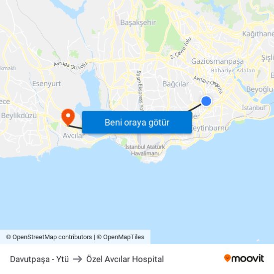 Davutpaşa - Ytü to Özel Avcılar Hospital map
