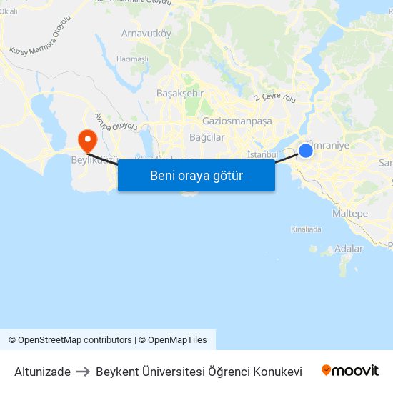 Altunizade to Beykent Üniversitesi Öğrenci Konukevi map