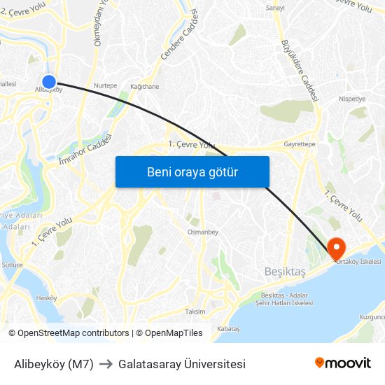 Alibeyköy (M7) to Galatasaray Üniversitesi map