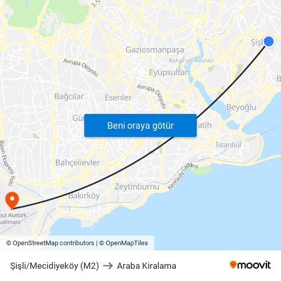 Şişli/Mecidiyeköy (M2) to Araba Kiralama map