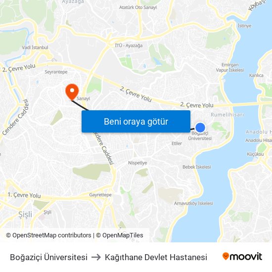 Boğaziçi Üniversitesi to Kağıthane Devlet Hastanesi map