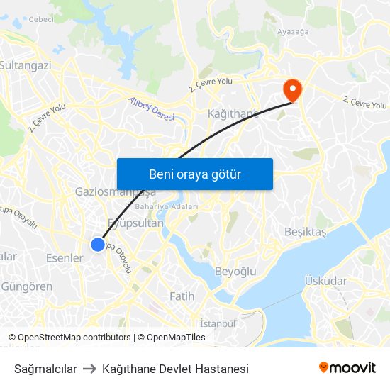 Sağmalcılar to Kağıthane Devlet Hastanesi map