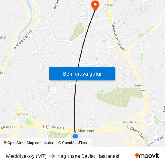 Mecidiyeköy (M7) to Kağıthane Devlet Hastanesi map