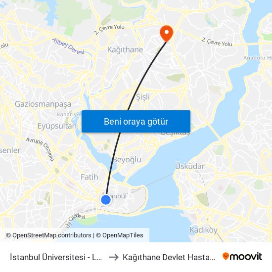 İstanbul Üniversitesi - Laleli to Kağıthane Devlet Hastanesi map