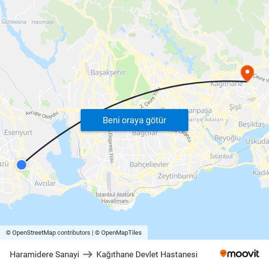 Haramidere Sanayi to Kağıthane Devlet Hastanesi map