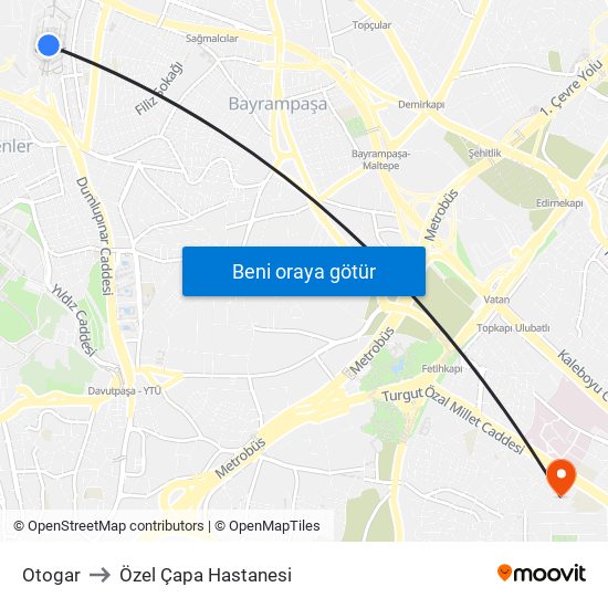 Otogar to Özel Çapa Hastanesi map