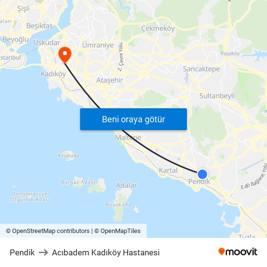 Pendik to Acıbadem Kadıköy Hastanesi map