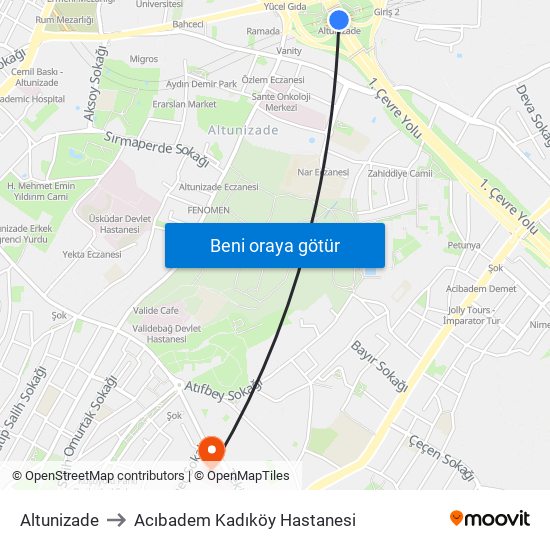 Altunizade to Acıbadem Kadıköy Hastanesi map