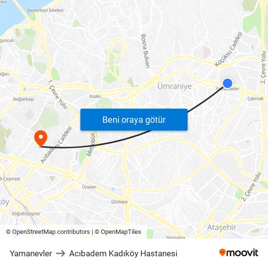 Yamanevler to Acıbadem Kadıköy Hastanesi map