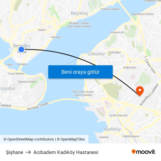 Şişhane to Acıbadem Kadıköy Hastanesi map