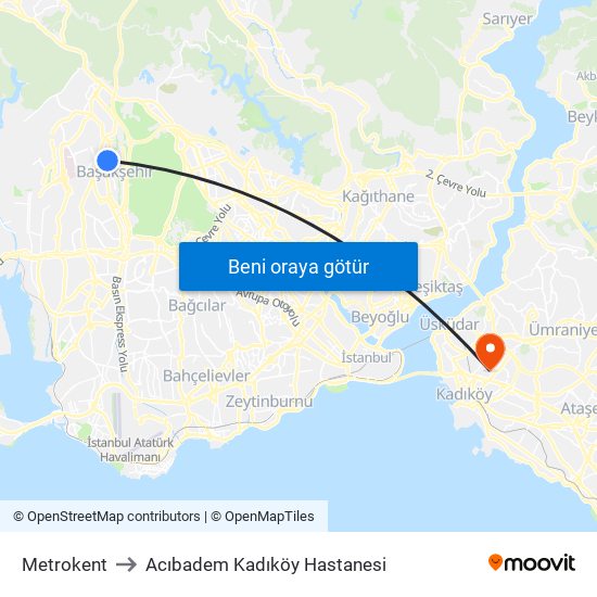 Metrokent to Acıbadem Kadıköy Hastanesi map