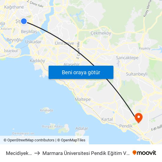 Mecidiyeköy (M7) to Marmara Üniversitesi Pendik Eğitim Ve Araştırma Hastanesi map