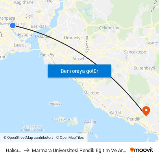 Halıcıoğlu to Marmara Üniversitesi Pendik Eğitim Ve Araştırma Hastanesi map