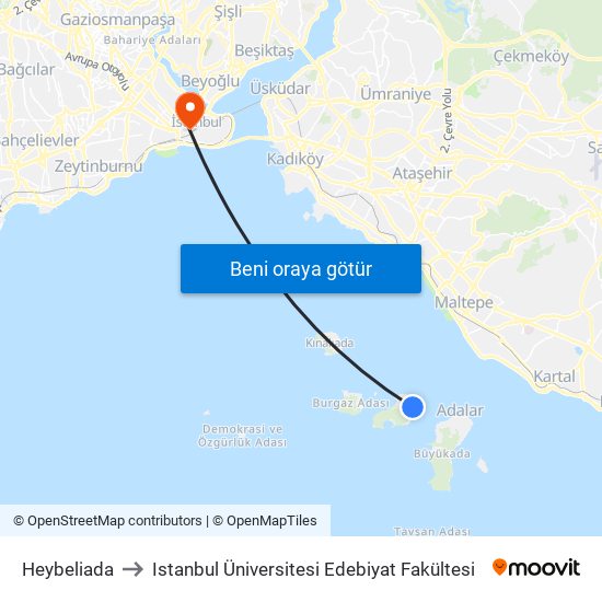 Heybeliada to Istanbul Üniversitesi Edebiyat Fakültesi map