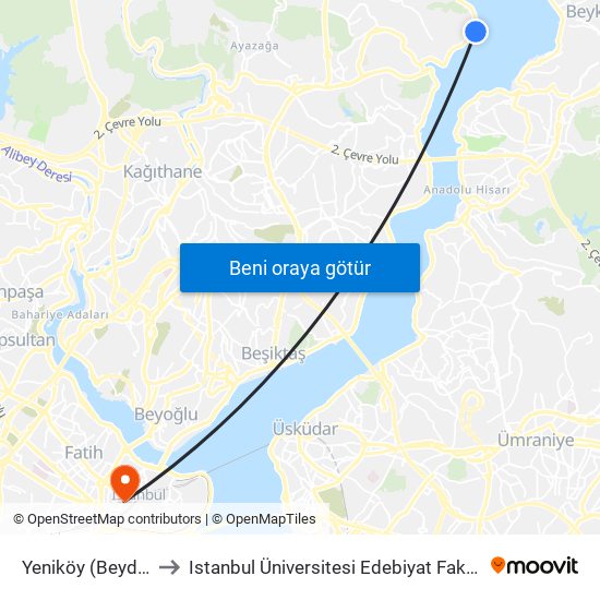 Yeniköy (Beyden) to Istanbul Üniversitesi Edebiyat Fakültesi map