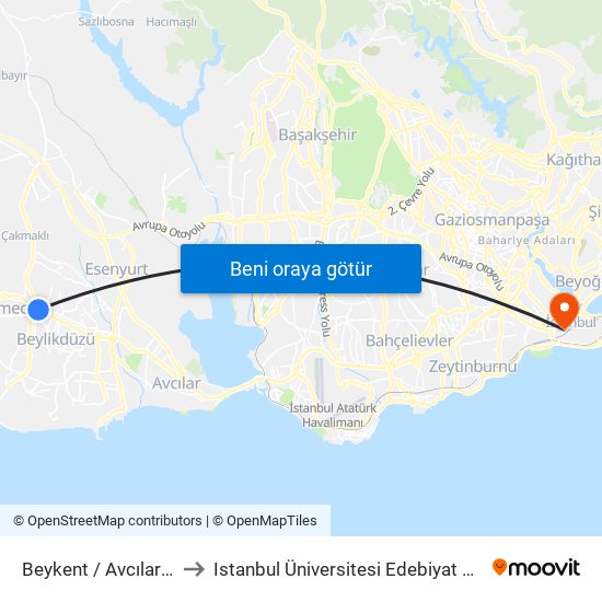 Beykent / Avcılar Yönü to Istanbul Üniversitesi Edebiyat Fakültesi map