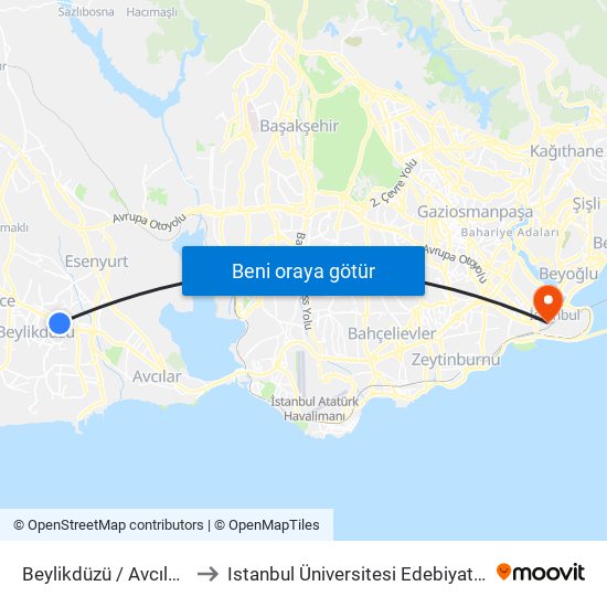 Beylikdüzü / Avcılar Yönü to Istanbul Üniversitesi Edebiyat Fakültesi map