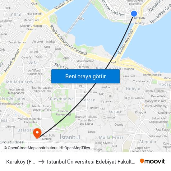 Karaköy (F2) to Istanbul Üniversitesi Edebiyat Fakültesi map