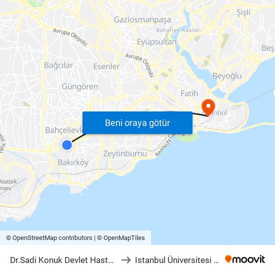 Dr.Sadi Konuk Devlet Hastanesi - Cevizlibag Yönü to Istanbul Üniversitesi Edebiyat Fakültesi map