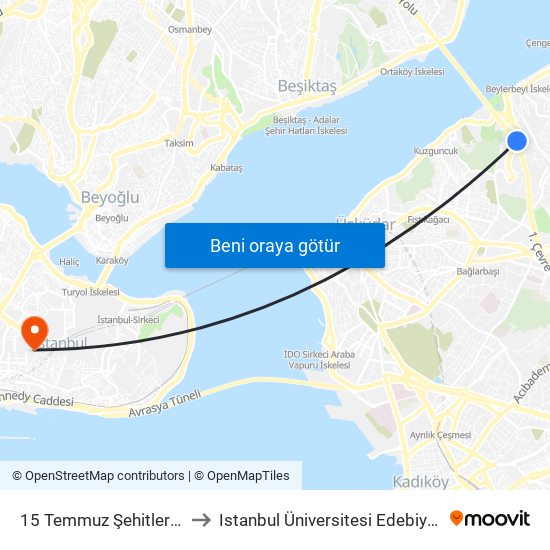 15 Temmuz Şehitler Köprüsü to Istanbul Üniversitesi Edebiyat Fakültesi map
