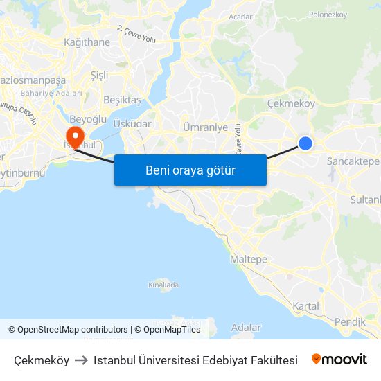 Çekmeköy to Istanbul Üniversitesi Edebiyat Fakültesi map