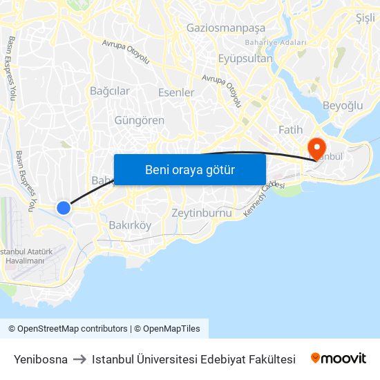 Yenibosna to Istanbul Üniversitesi Edebiyat Fakültesi map