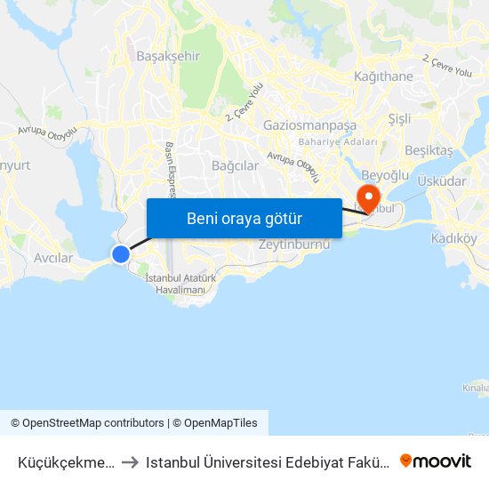 Küçükçekmece to Istanbul Üniversitesi Edebiyat Fakültesi map