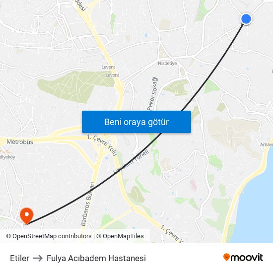 Etiler to Fulya Acıbadem Hastanesi map