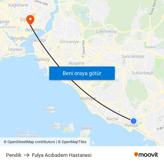 Pendik to Fulya Acıbadem Hastanesi map