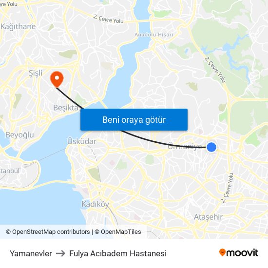 Yamanevler to Fulya Acıbadem Hastanesi map