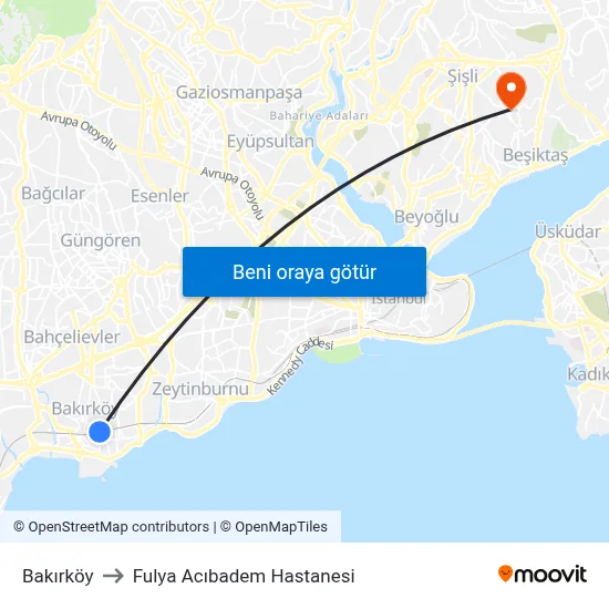 Bakırköy to Fulya Acıbadem Hastanesi map