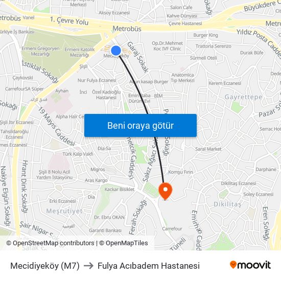 Mecidiyeköy (M7) to Fulya Acıbadem Hastanesi map