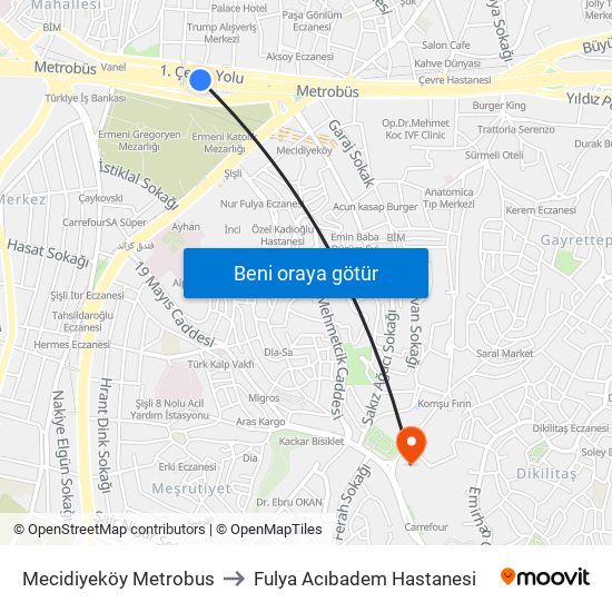 Mecidiyeköy Metrobus to Fulya Acıbadem Hastanesi map