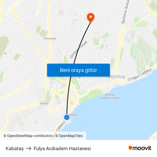 Kabataş to Fulya Acıbadem Hastanesi map