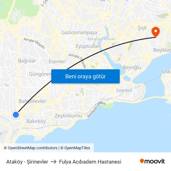Ataköy - Şirinevler to Fulya Acıbadem Hastanesi map