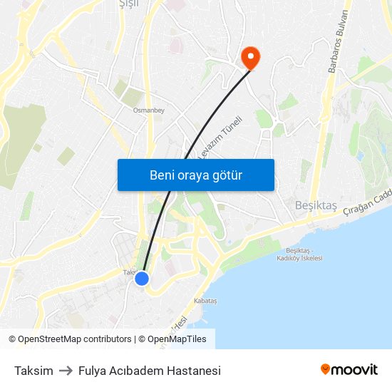 Taksim to Fulya Acıbadem Hastanesi map