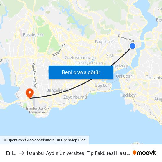 Etiler to İstanbul Aydın Üniversitesi Tıp Fakültesi Hastanesi map