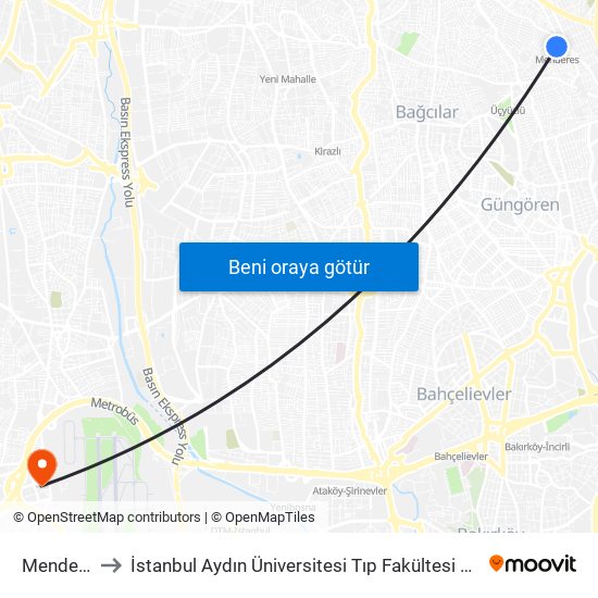 Menderes to İstanbul Aydın Üniversitesi Tıp Fakültesi Hastanesi map
