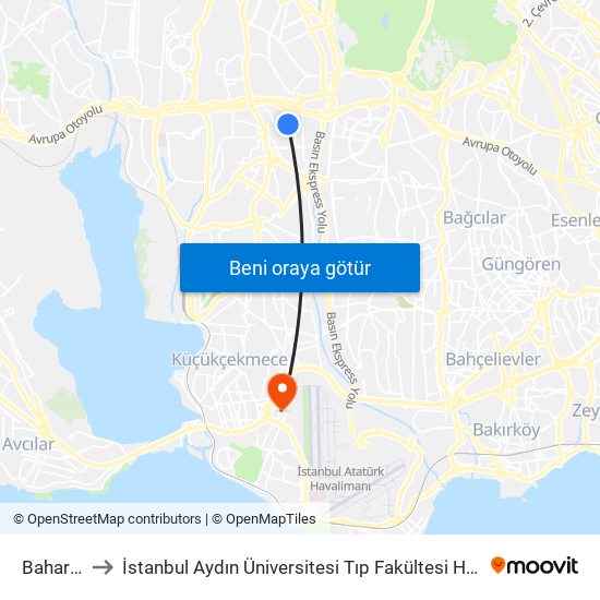 Bahariye to İstanbul Aydın Üniversitesi Tıp Fakültesi Hastanesi map