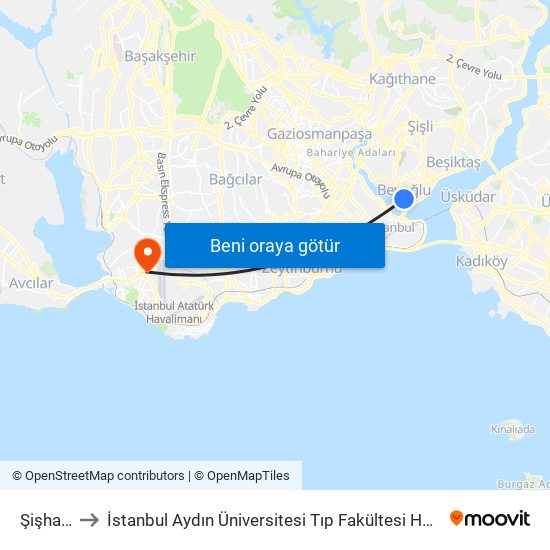 Şişhane to İstanbul Aydın Üniversitesi Tıp Fakültesi Hastanesi map