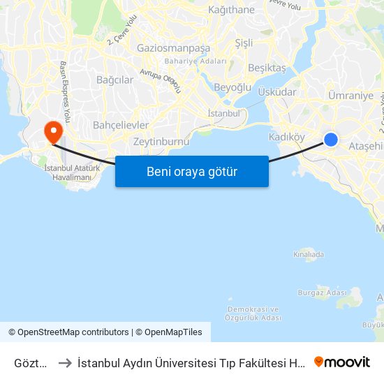 Göztepe to İstanbul Aydın Üniversitesi Tıp Fakültesi Hastanesi map