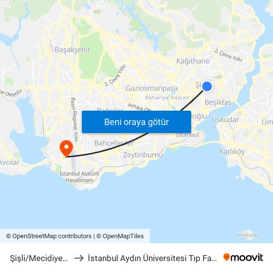 Şişli/Mecidiyeköy (M2) to İstanbul Aydın Üniversitesi Tıp Fakültesi Hastanesi map