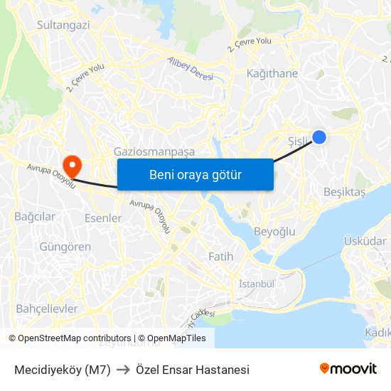 Mecidiyeköy (M7) to Özel Ensar Hastanesi map