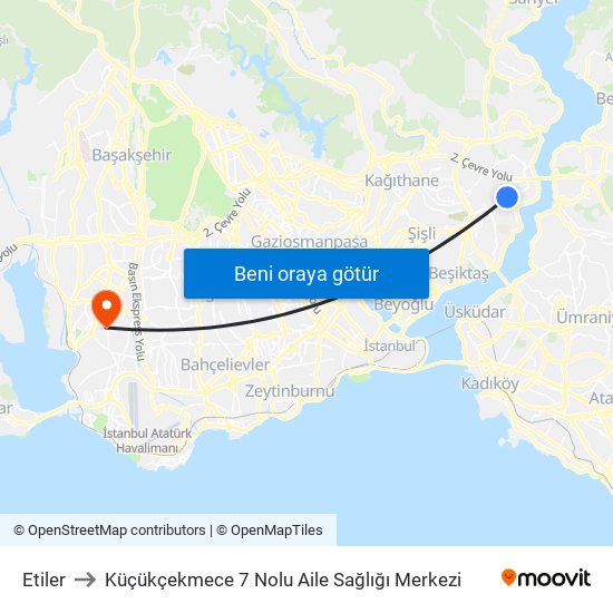 Etiler to Küçükçekmece 7 Nolu Aile Sağlığı Merkezi map