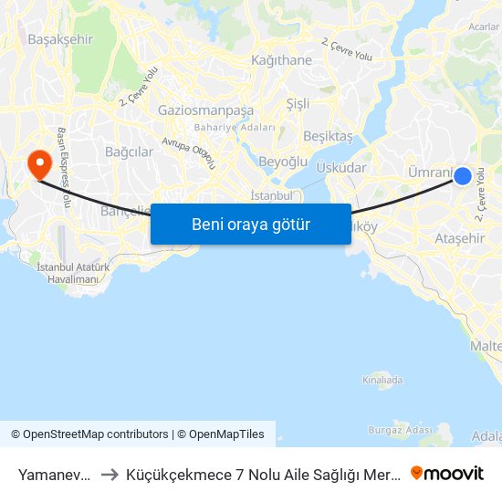 Yamanevler to Küçükçekmece 7 Nolu Aile Sağlığı Merkezi map